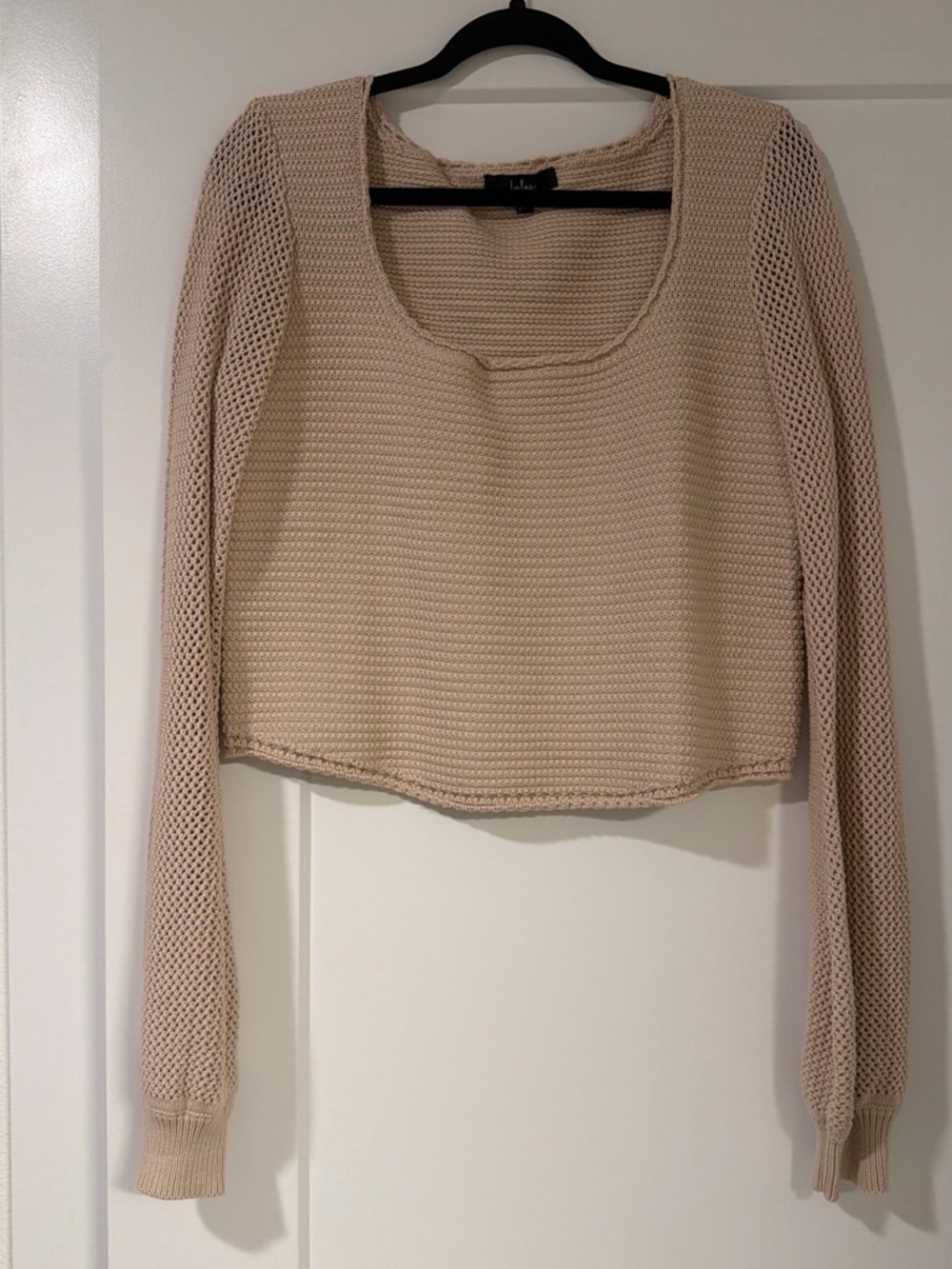 Lulu's Cropped Open-Knit Scoop Neck Sweater in Beige